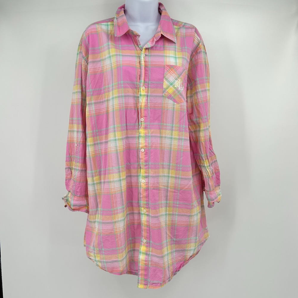 Lauren Ralph Lauren Plaid Button Front Tunic Shirt Women L Old Money Preppy Logo